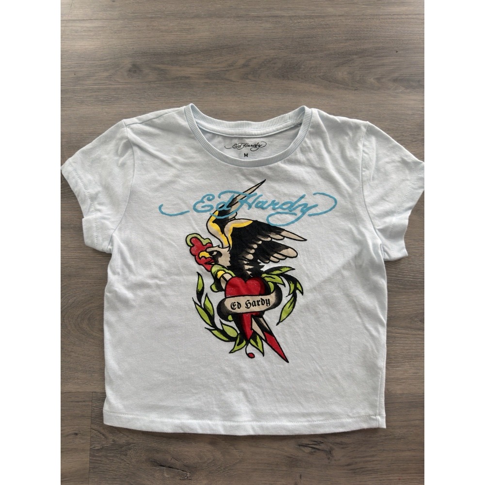 Ed Hardy Women's Light Blue Eagle Heart Fitted Baby Tee Crop Top Biker Size M